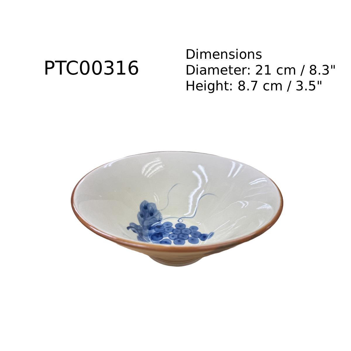 Chefco, 8.3" Grape Vine Ceramic Wide Bowl (PTC00316) - Chefcoca