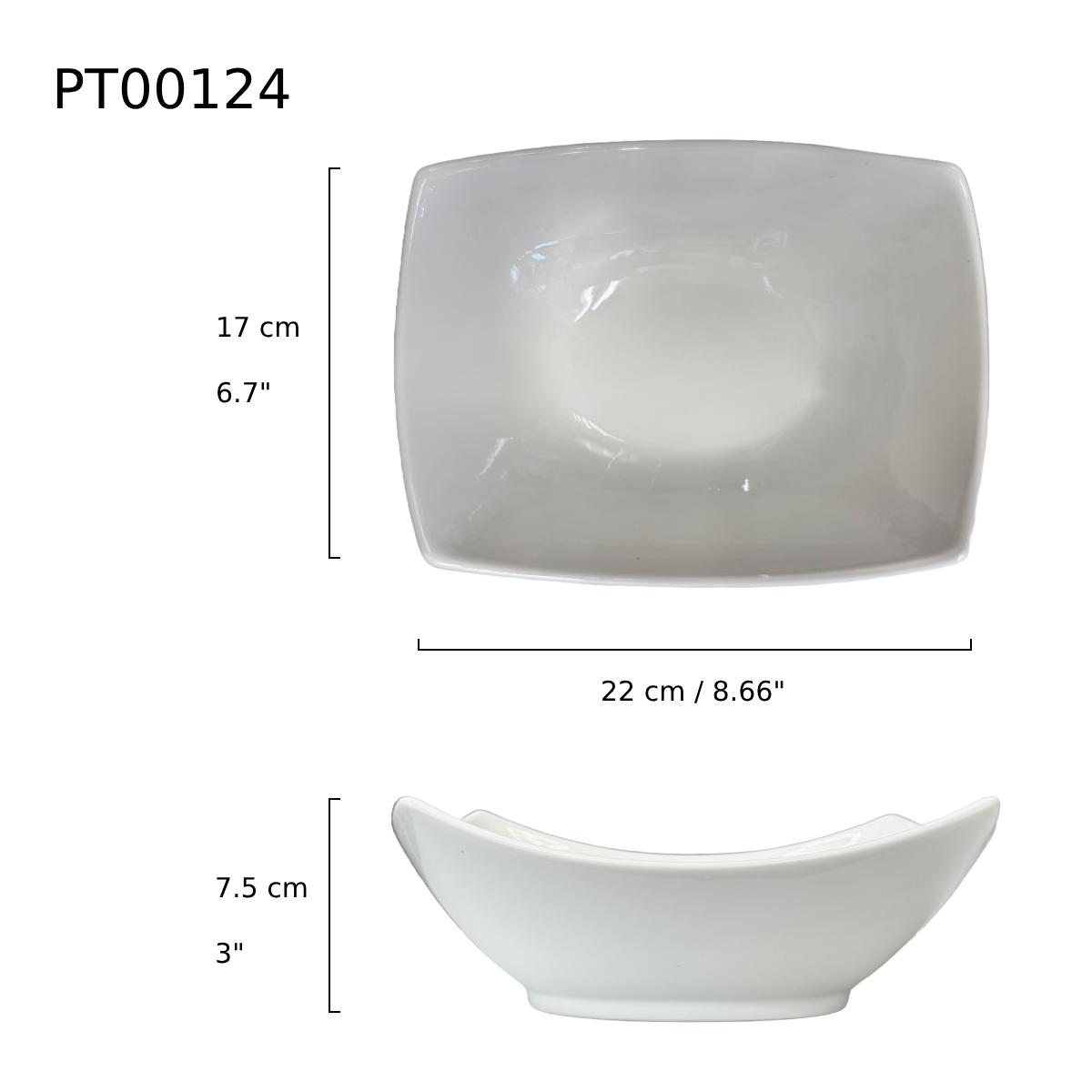 Chefco, 9" Porcelain Rectangular Yuanbao Bowl- Ceramic, White (PT00124) - Chefcoca