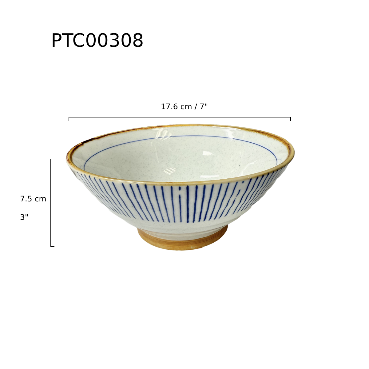 Chefco, 7" Ceramic White Ramen Bowl with Blue Stripes Pattern (PTC00308) - Chefcoca