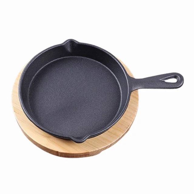 Round mini Cast Iron Platter with wooden base, 4.7" (12cm) Dia - Chefcoca