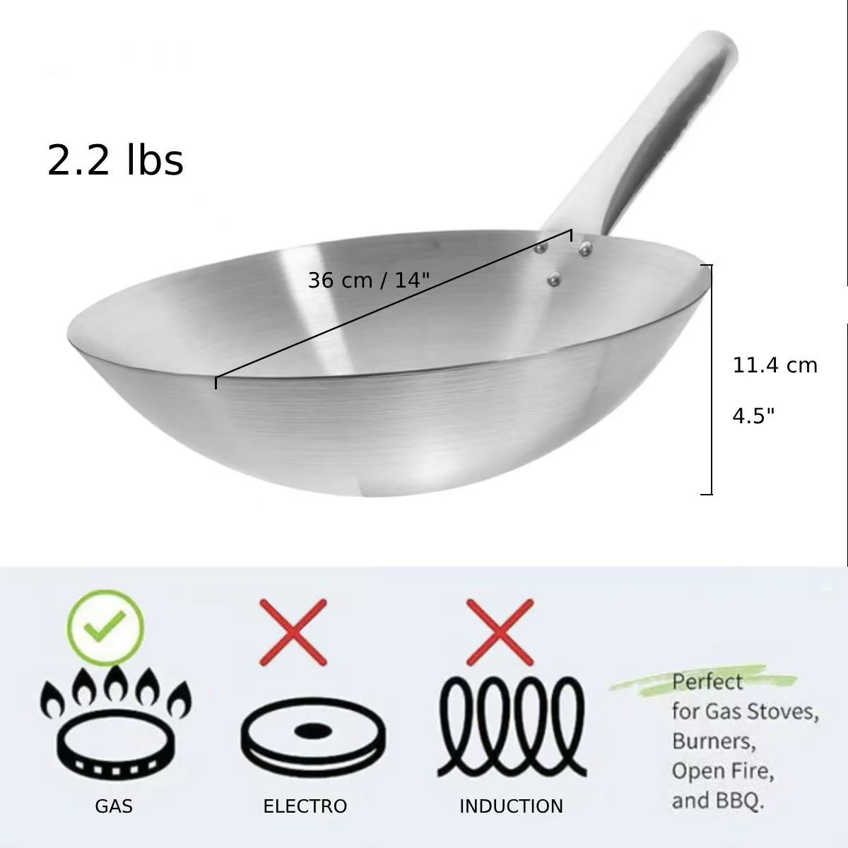 CHEFCO,16141S,Deep Single Steel Handle Wok, 14" - Chefcoca