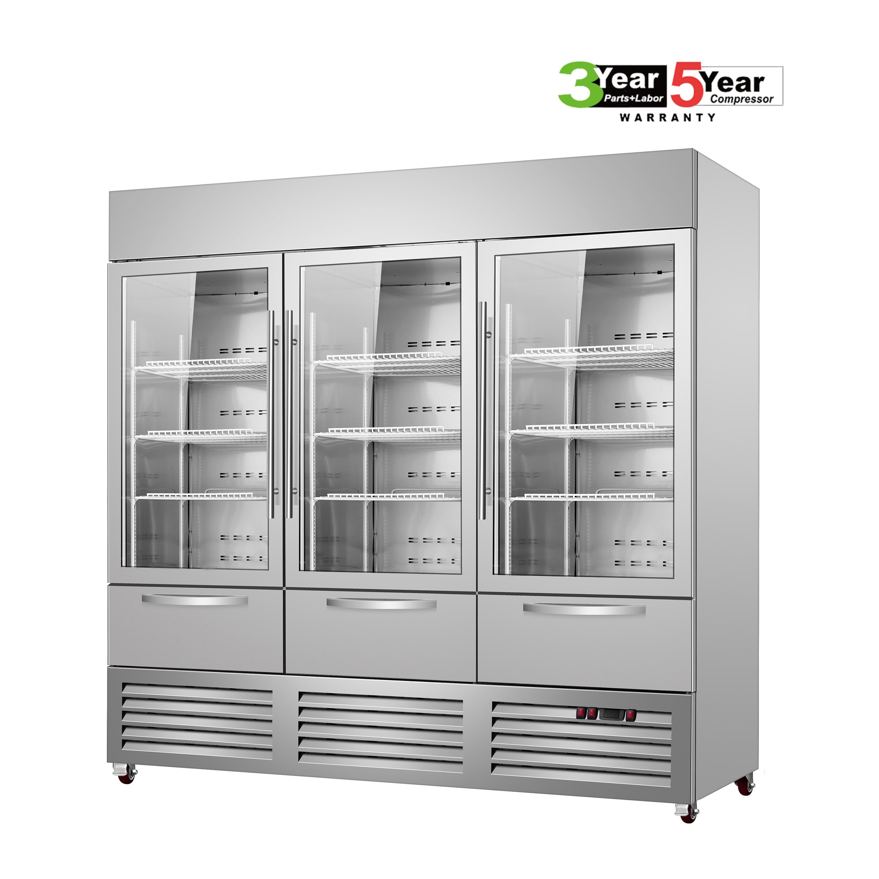Sub-Equip, C-81FG-3D 81" Glass Triple Door Reach-In Freezer With Three Drawer - Chefcoca