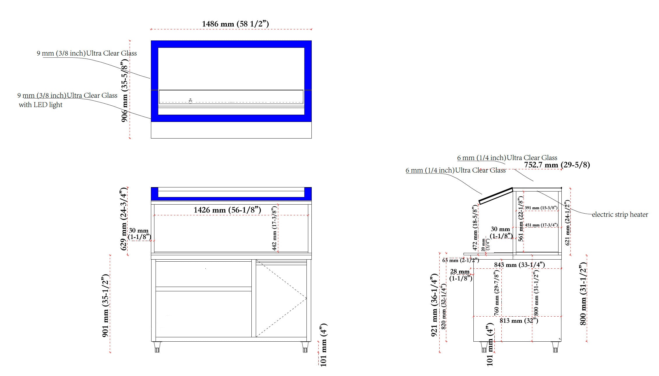 Turbo Range, HT-58.5IN-4P, 59"Electric marble countertop Hot Table with 4 Wells & ultra clear glass - Chefcoca