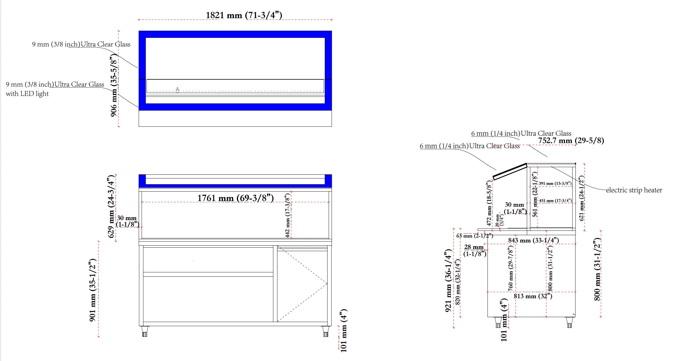 Turbo Range, HT-71.8IN-5P, 72"Electric marble countertop Hot Table with 5 Wells & ultra clear glass - Chefcoca