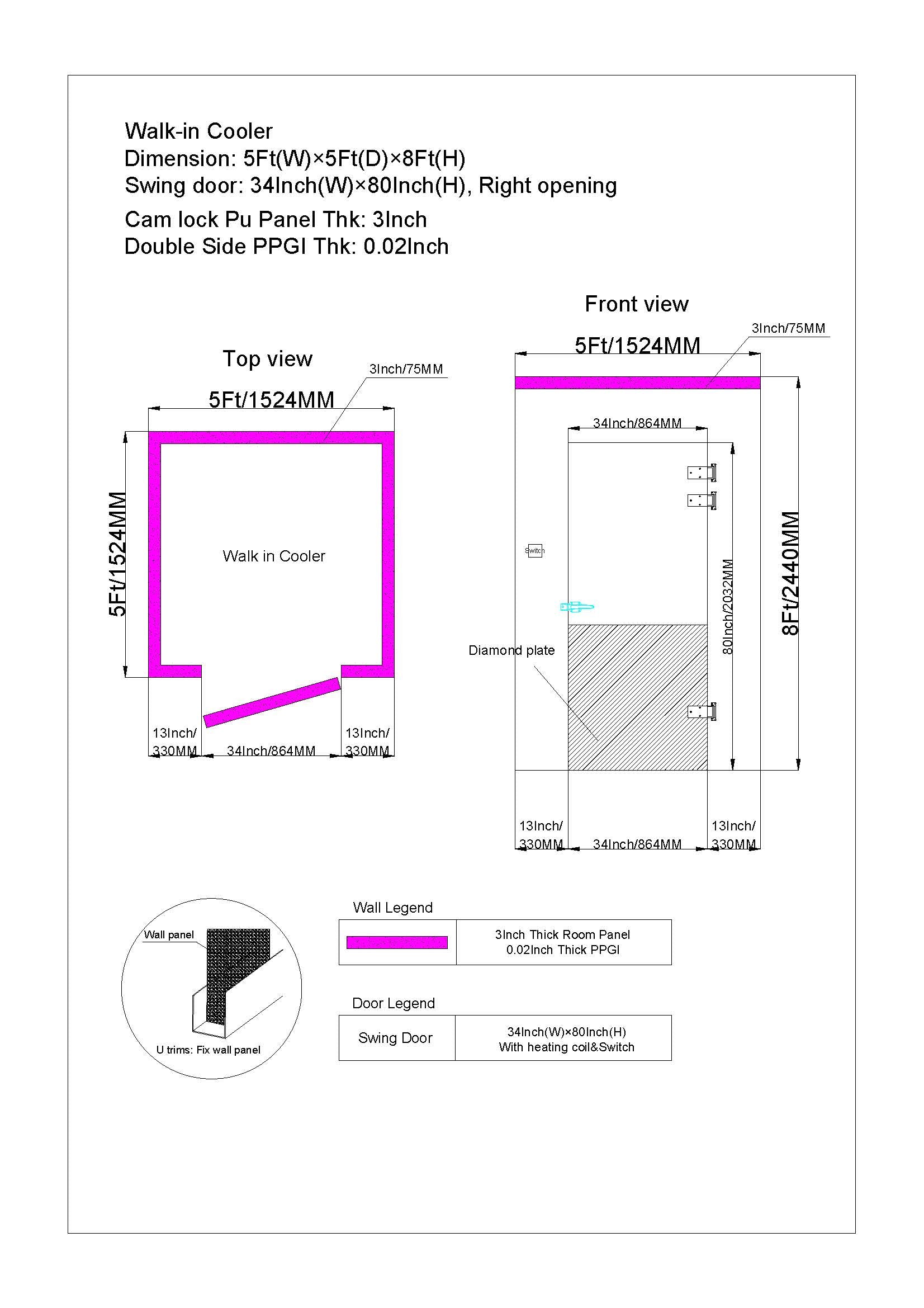 Sub-Equip, 5W x 5D x 8H ft Walk-In Cooler, 3" Thick Panels,  Floorless, Indoor Box Only - Chefcoca