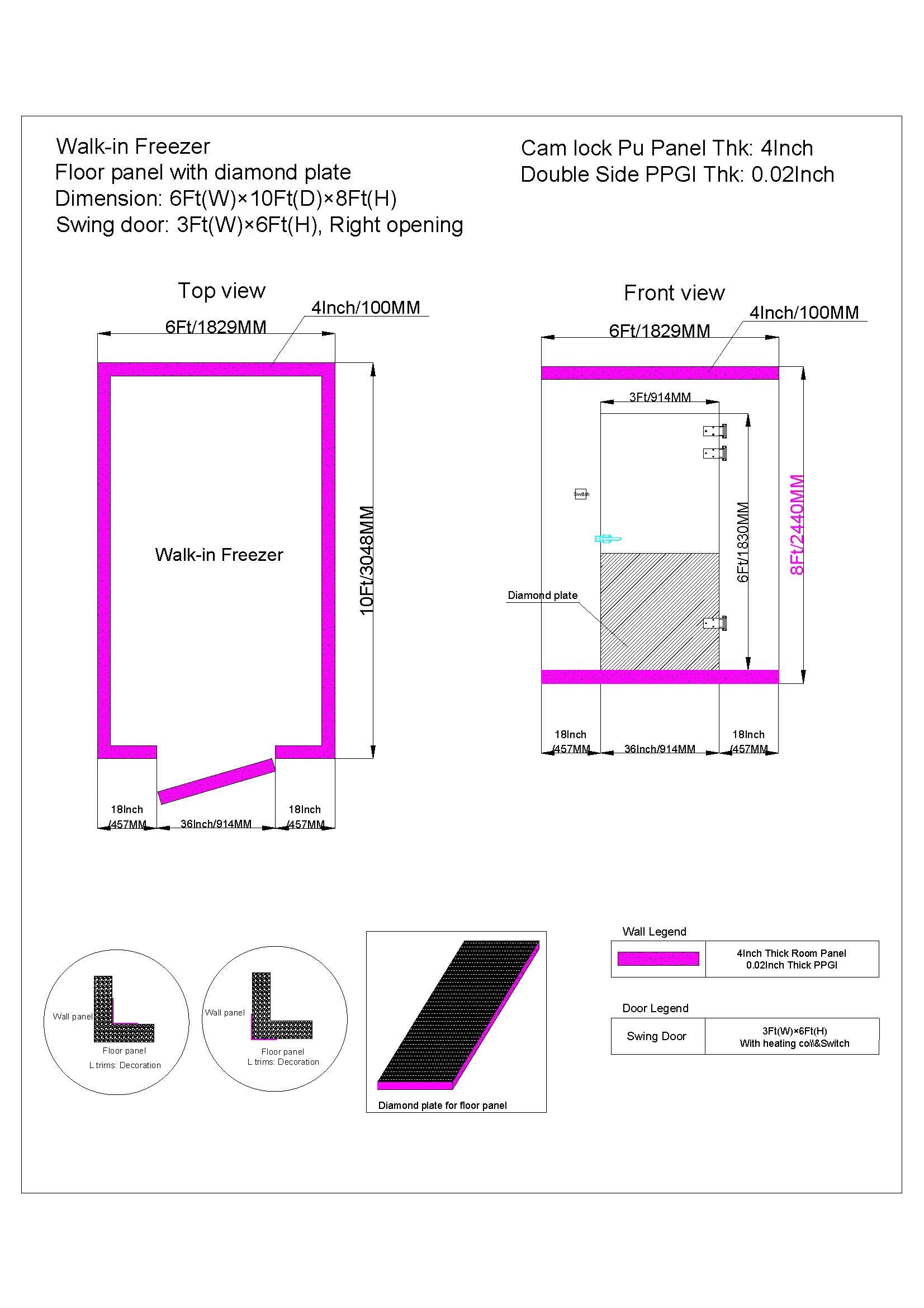 Sub-Equip, 6W x 10D x 8H ft Walk-In Freezer, 4" Thick Panels, Indoor Box Only - Chefcoca