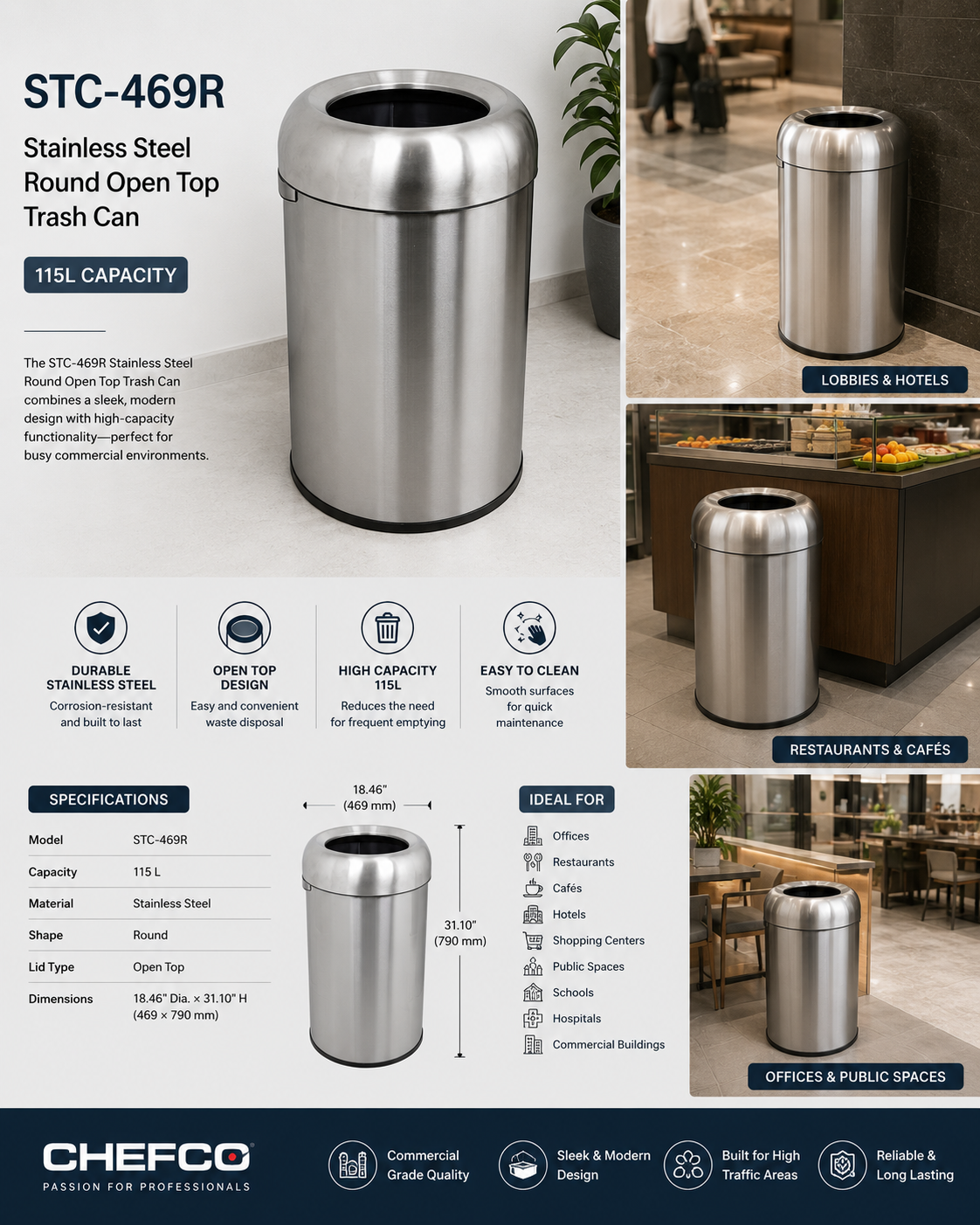Chefco, STC-469R, Stainless Steel Round Open Top Trash Can, 115L