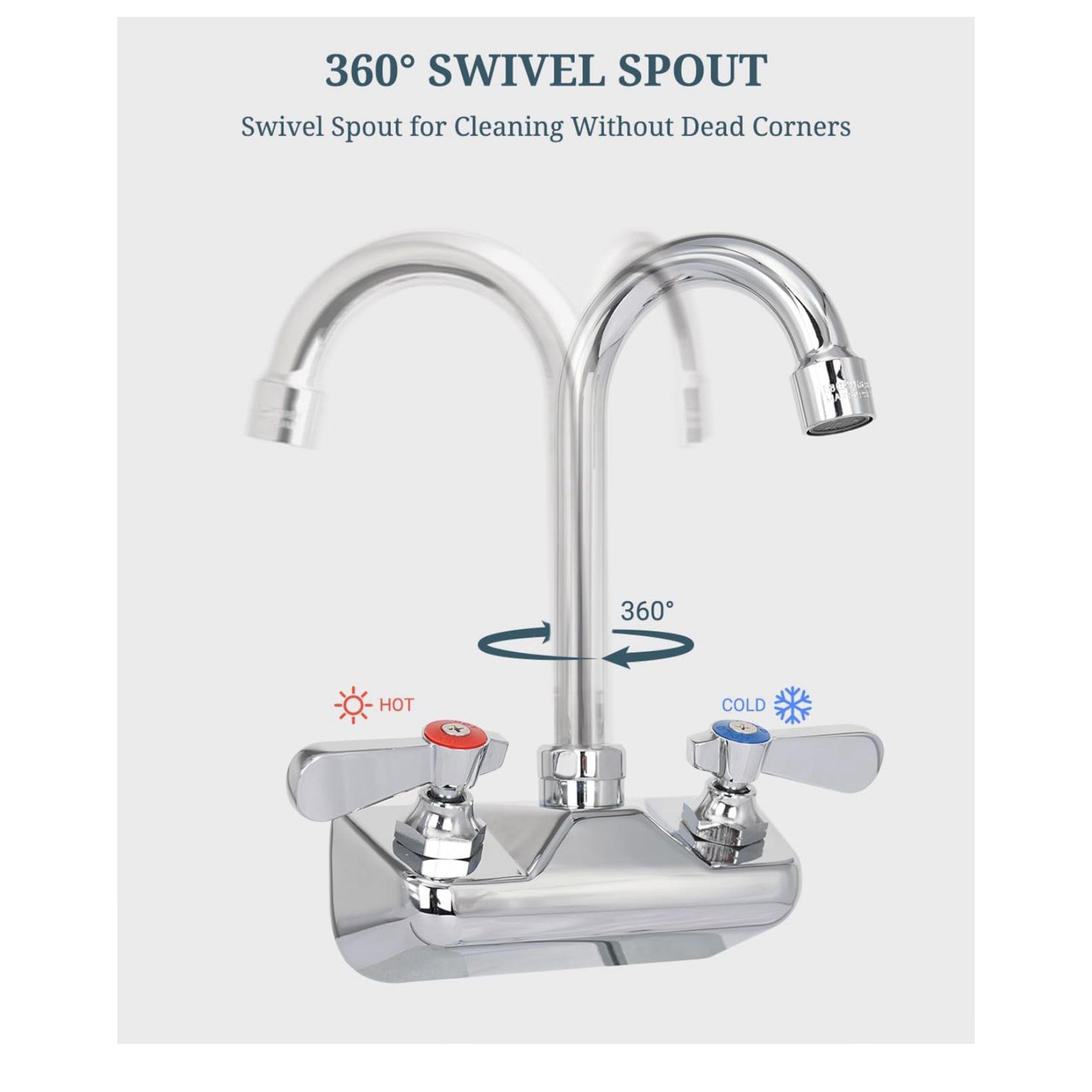 Wall-Mounted Faucet with 4" Centers and 3.5" Gooseneck Swing Spout - Chefcoca