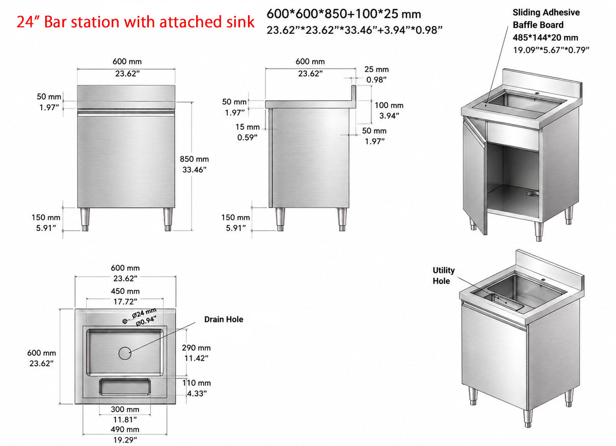 SE-BSS181212, 304 Stainless steel, 24" Bar station with attached sink, 23.62" × 23.62" × 33.46" + 3.94" × 0.98"