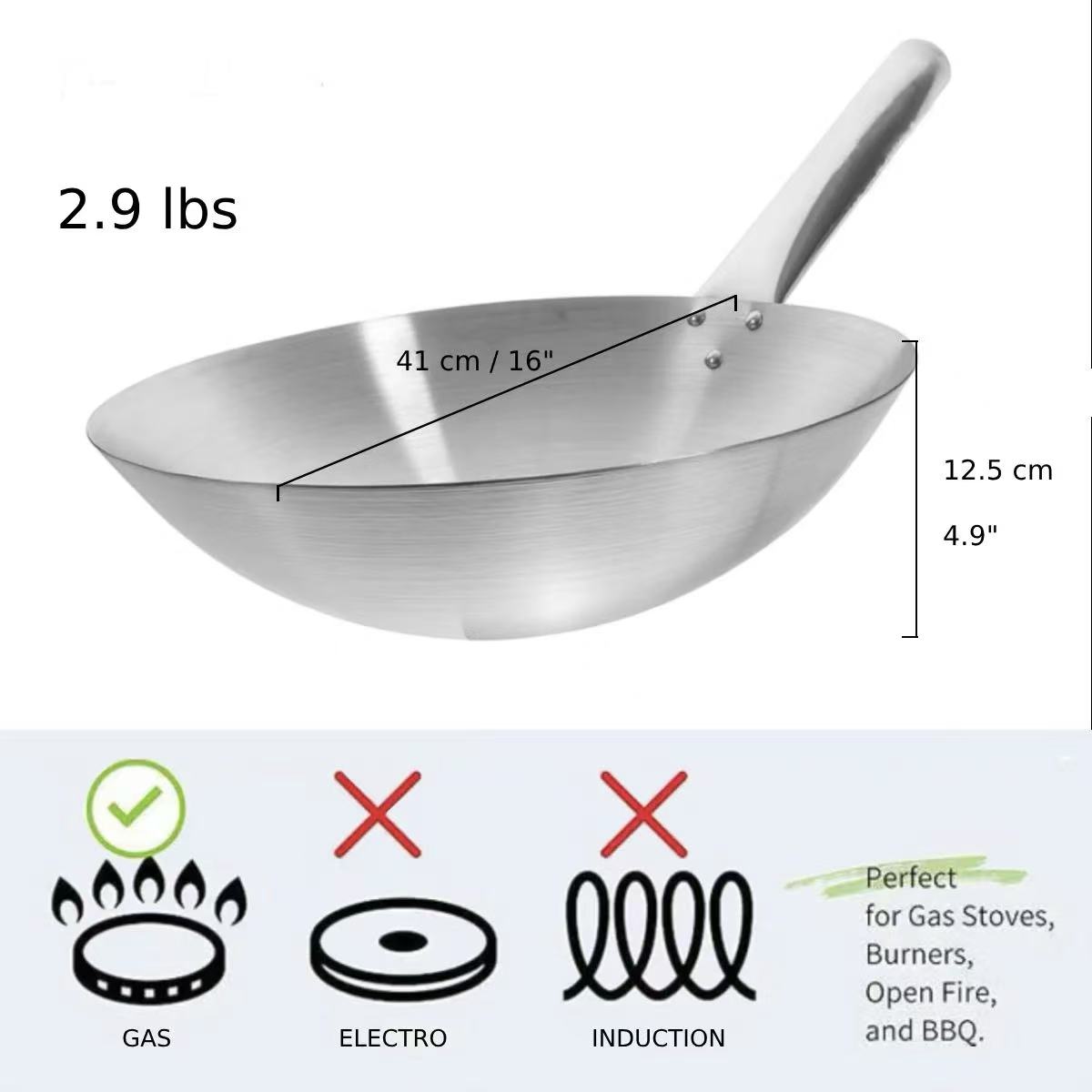 CHEFCO,16161S,Deep Single Steel Handle Wok, 16" - Chefcoca