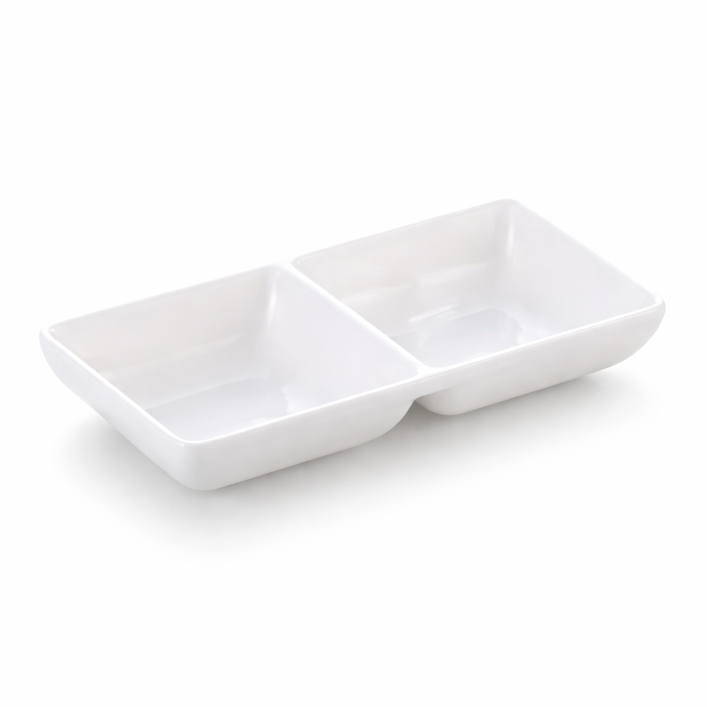 CHEFCO, 7530W, Melamine Sauce Dish with Two Compartments (6" x 3")-White - Chefcoca