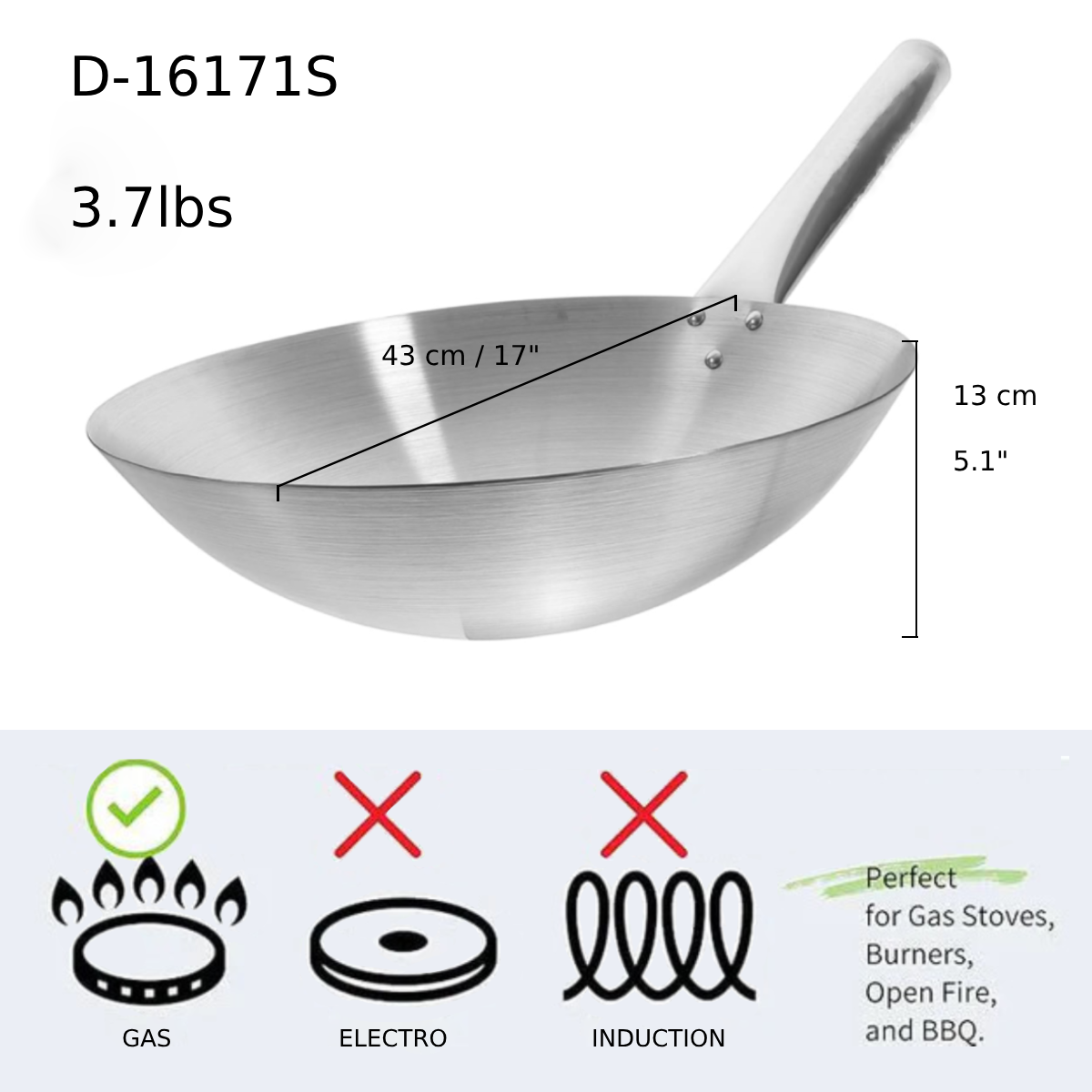 CHEFCO, D-16171S, Wok profond à poignée unique en acier, 43 cm