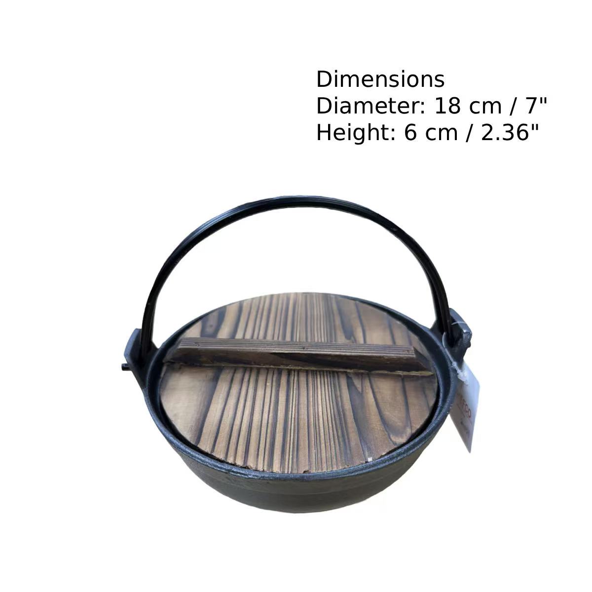 CHEFCO,IBS-18B,18cm/7" Dia Cast Iron Flat Bottom Serving Pot With Wire Handle & Wood Cover - Chefcoca