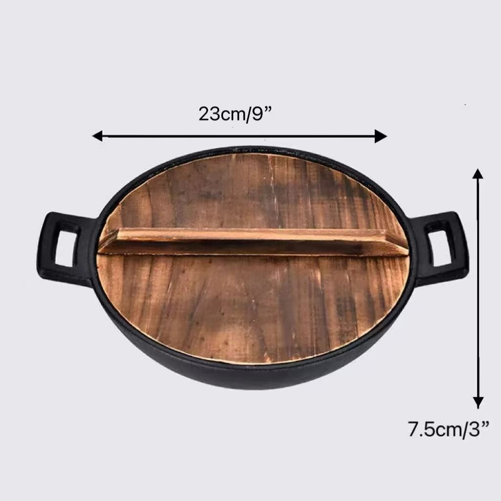 CHEFCO,IBS-23W, 23CM/9" Cast Iron Flat Bottom Serving Pot With Double Handle & Wood Cover - Chefcoca