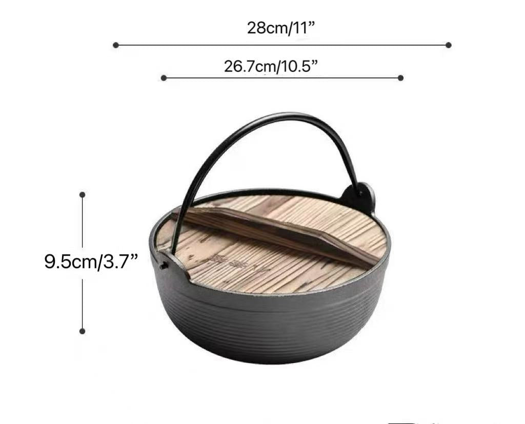 CHEFCO,IBS-27B,26.7cm/10.5" Dia Cast Iron Flat Bottom Serving Pot With Wire Handle & Wood Cover - Chefcoca