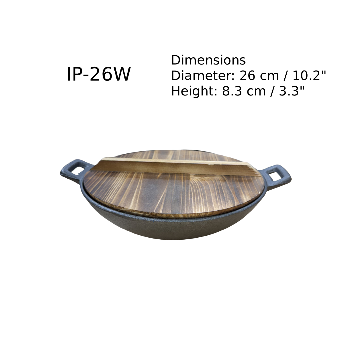 Chefco, 26cm Dia Cast Iron Flat Bottom Serving Wok with Double Handle & Wood Cover (IP-26W) - Chefcoca