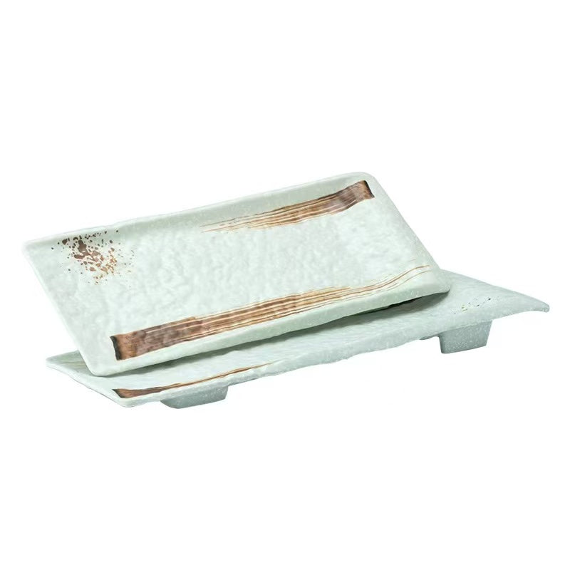 CHEFCO, JM16163LG, Melamine Light Green Rectangular Flat Plate with Brown Ink Streak pattern(L38.2cm/15" x W 16.2cm/6.4") - Chefcoca
