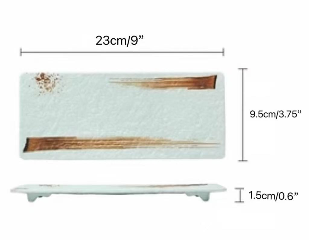 CHEFCO, JM16160LG, Melamine Light Green Rectangular Flat Plate with Brown Ink Streak pattern(L23cm/9" x W 9.5cm/3.75") - Chefcoca