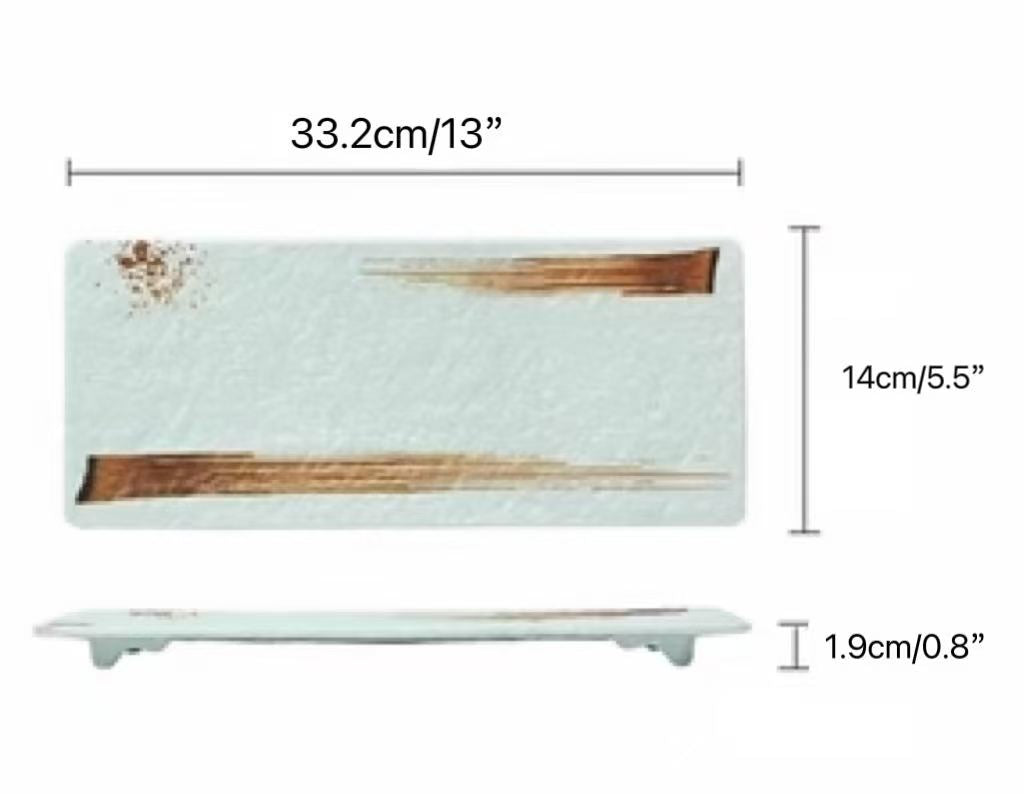 CHEFCO, JM16162LG, Melamine Light Green Rectangular Flat Plate with Brown Ink Streak pattern(L33.2cm/13" x W 14cm/5.5") - Chefcoca