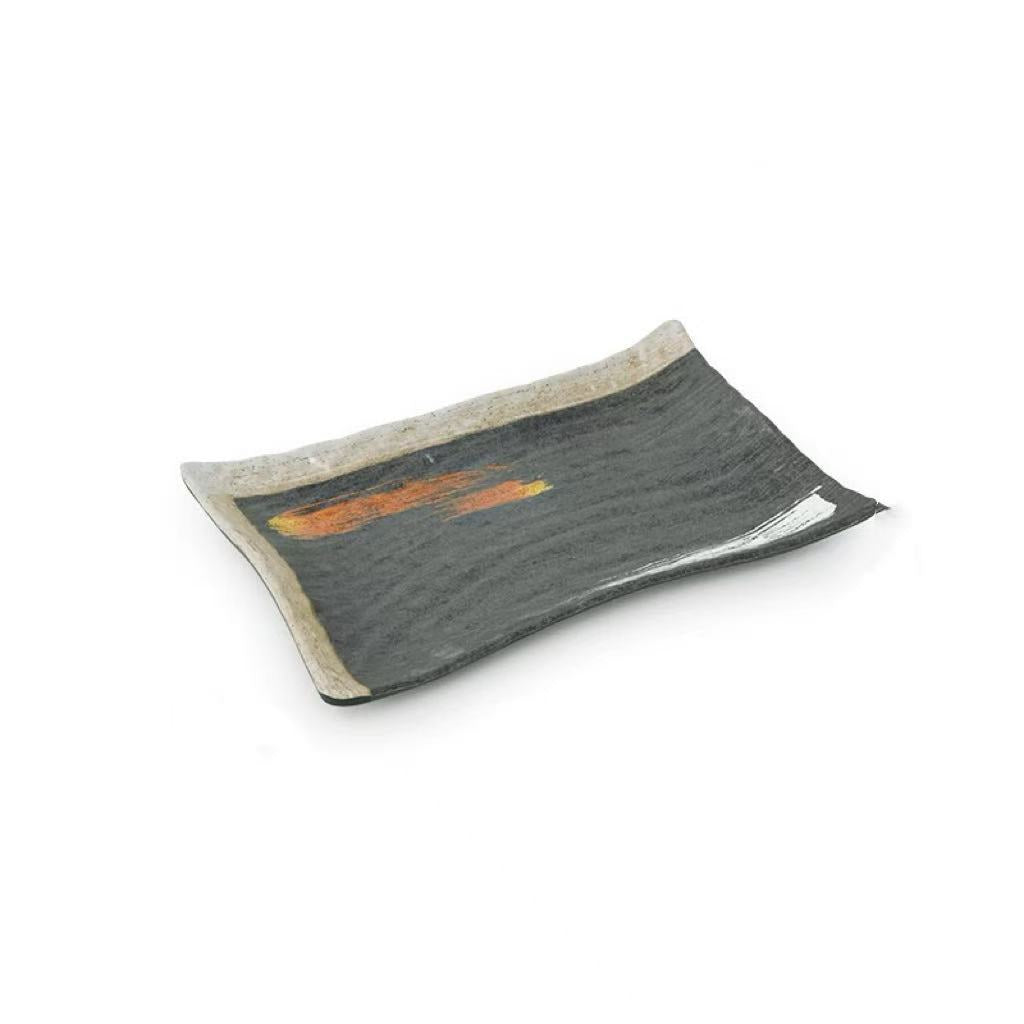 CHEFCO, JM169134G, 8.5" Melamine Black Rectangular Plate with White & Golden Pattern - Chefcoca