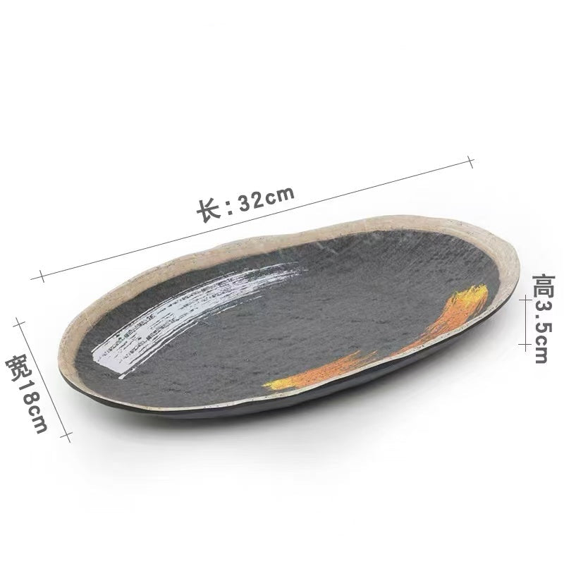 CHEFCO,JM169155G, 12.6" Melamine Black Oval Plate with White & Golden Pattern - Chefcoca