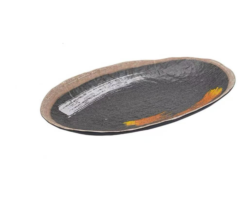 CHEFCO,JM169155G, 12.6" Melamine Black Oval Plate with White & Golden Pattern - Chefcoca