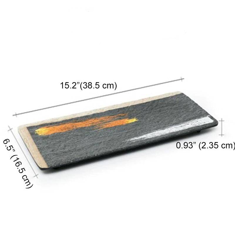 CHEFCO, 15 1/8"X 6 1/2" Melamine Black Rectangular Plate with white & golden pattern (JM169163) - Chefcoca
