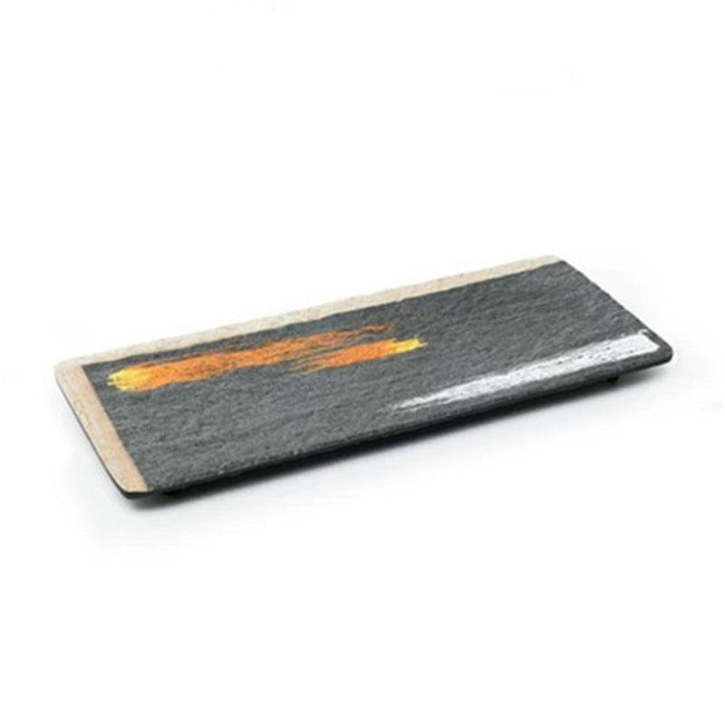 CHEFCO, 15 1/8"X 6 1/2" Melamine Black Rectangular Plate with white & golden pattern (JM169163) - Chefcoca