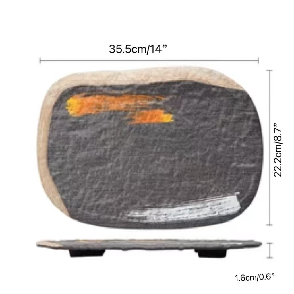 CHEFCO, JM169165, 14" Melamine Black Oval Plate with White & Golden Pattern - Chefcoca