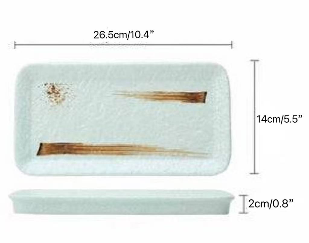 CHEFCO, JM169175LG,Melamine Light Green Rectangular Beveled Plate with Brown Ink Streak pattern(L 26.5cm/10.4"x W 14cm/5.5") - Chefcoca