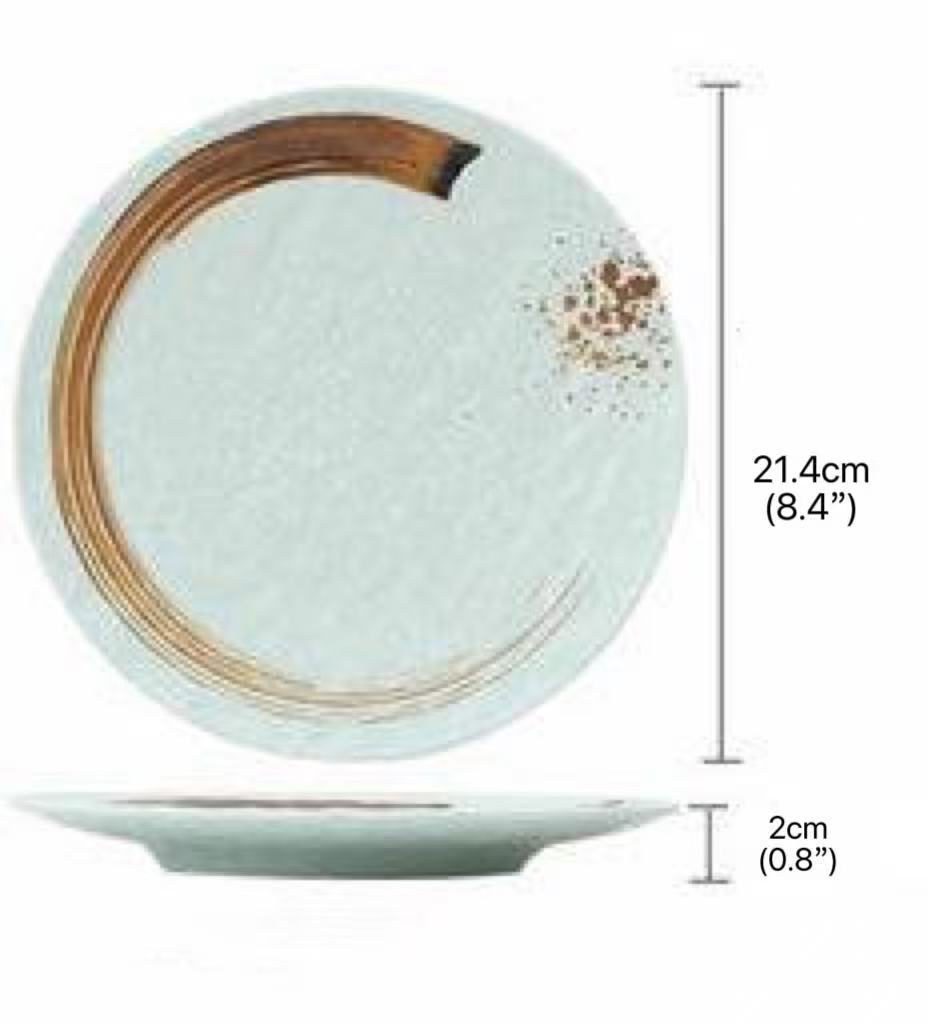CHEFCO, JM169189LG, 8.4" Melamine Light Green Round Flat Plate with Brown Ink Streak Pattern - Chefcoca