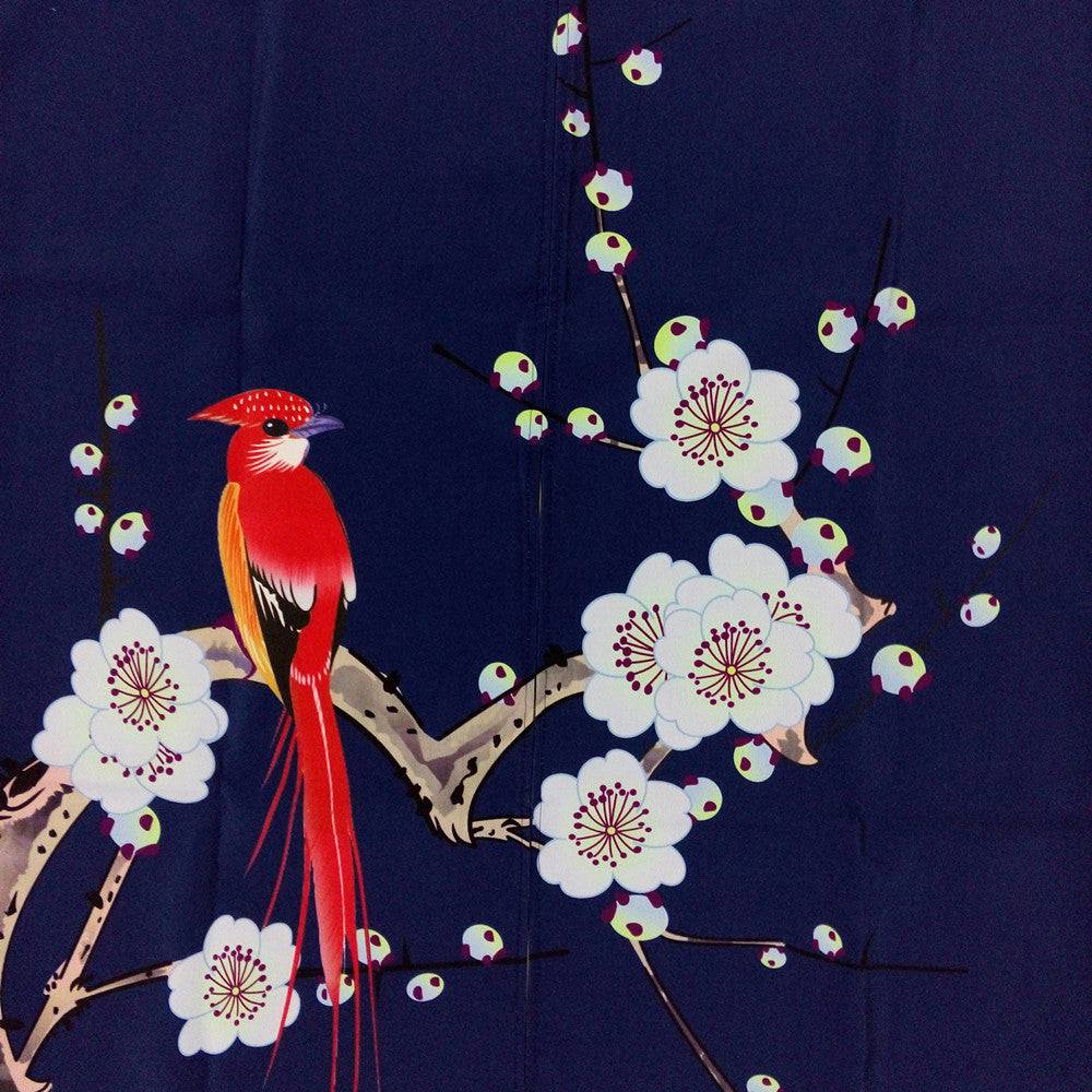 CHEFCO,MK-115,Dark Blue Door Curtain with Red huamei bird and White Flowers pattern - Chefcoca