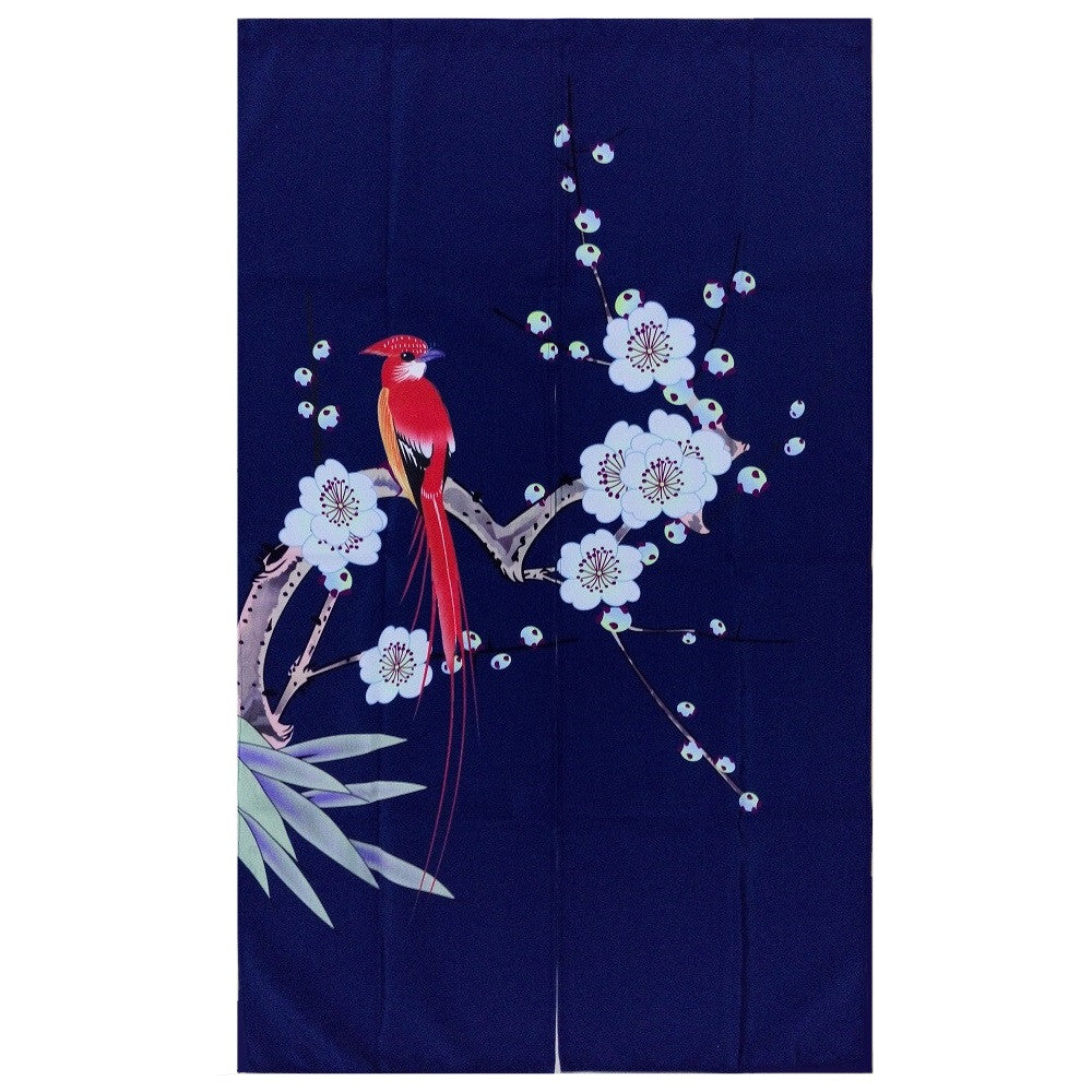 CHEFCO,MK-115,Dark Blue Door Curtain with Red huamei bird and White Flowers pattern - Chefcoca