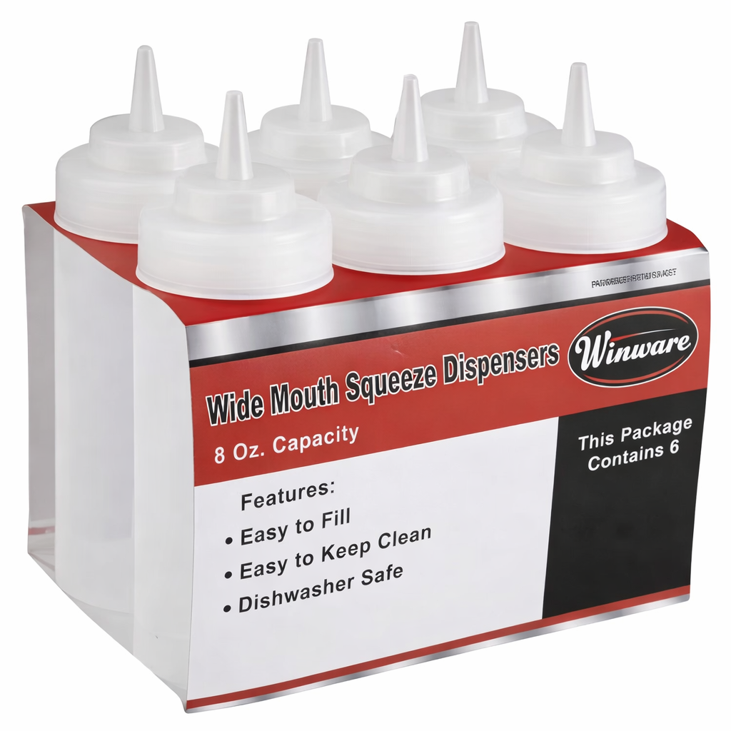 CHEFCO,PSW-8CL/PSW-8, 8oz Squeeze Bottles, Wide Mouth, Clear, 6pcs/pk - Chefcoca