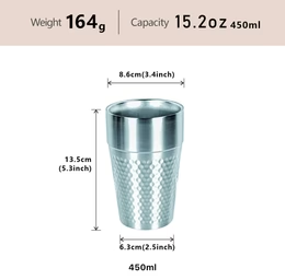 CHEFCO,SC-16S, 15.2 oz,304 Stainless Steel stackable silver double wall cup - Chefcoca
