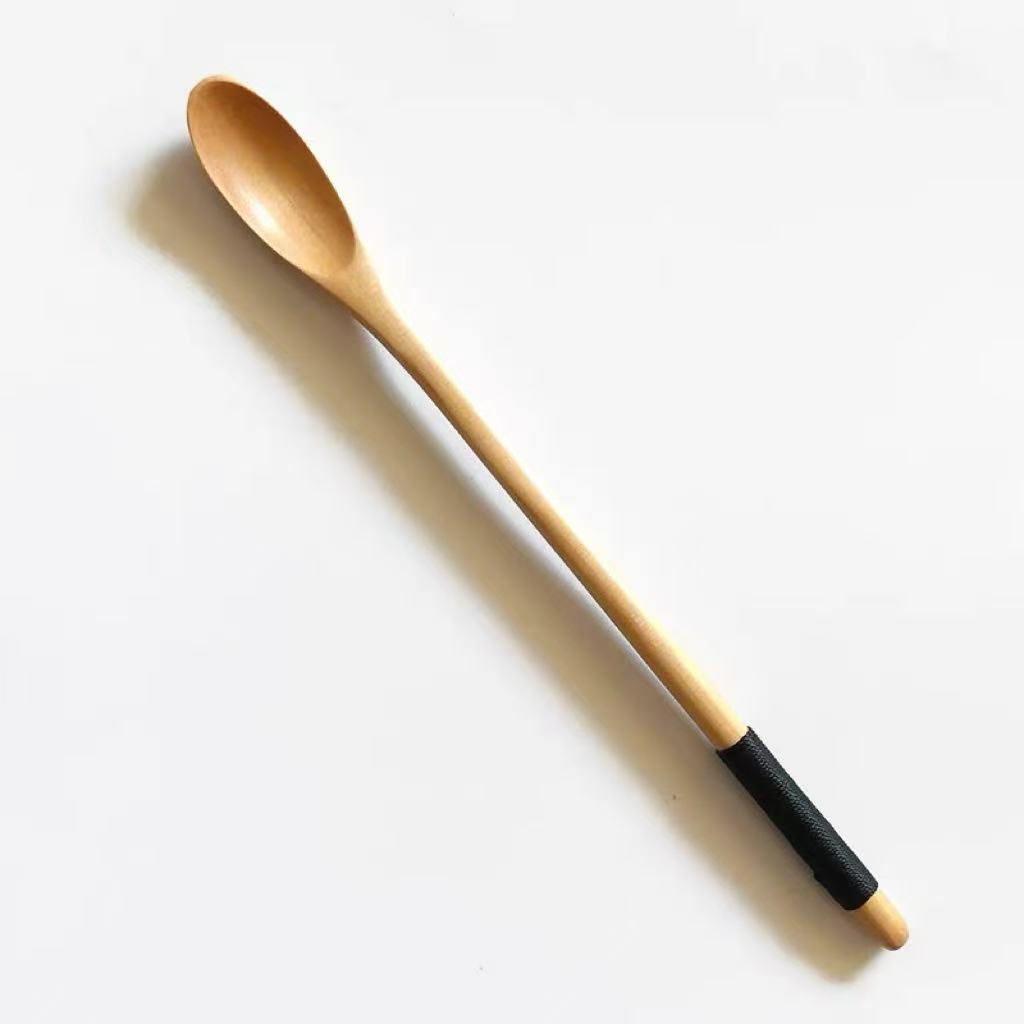 CHEFCO,WS20-2B,Slim Round Wooden Spoon with Long Handle & Black Line - Chefcoca