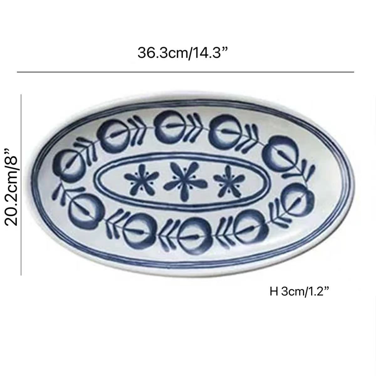 CHEFCO, Y-3514BV,Melamine Oval Plate with Blue Vine Pattern (L 36.3cm/14.3"x W20.2cm/8"x H 3cm/1.2") - Chefcoca