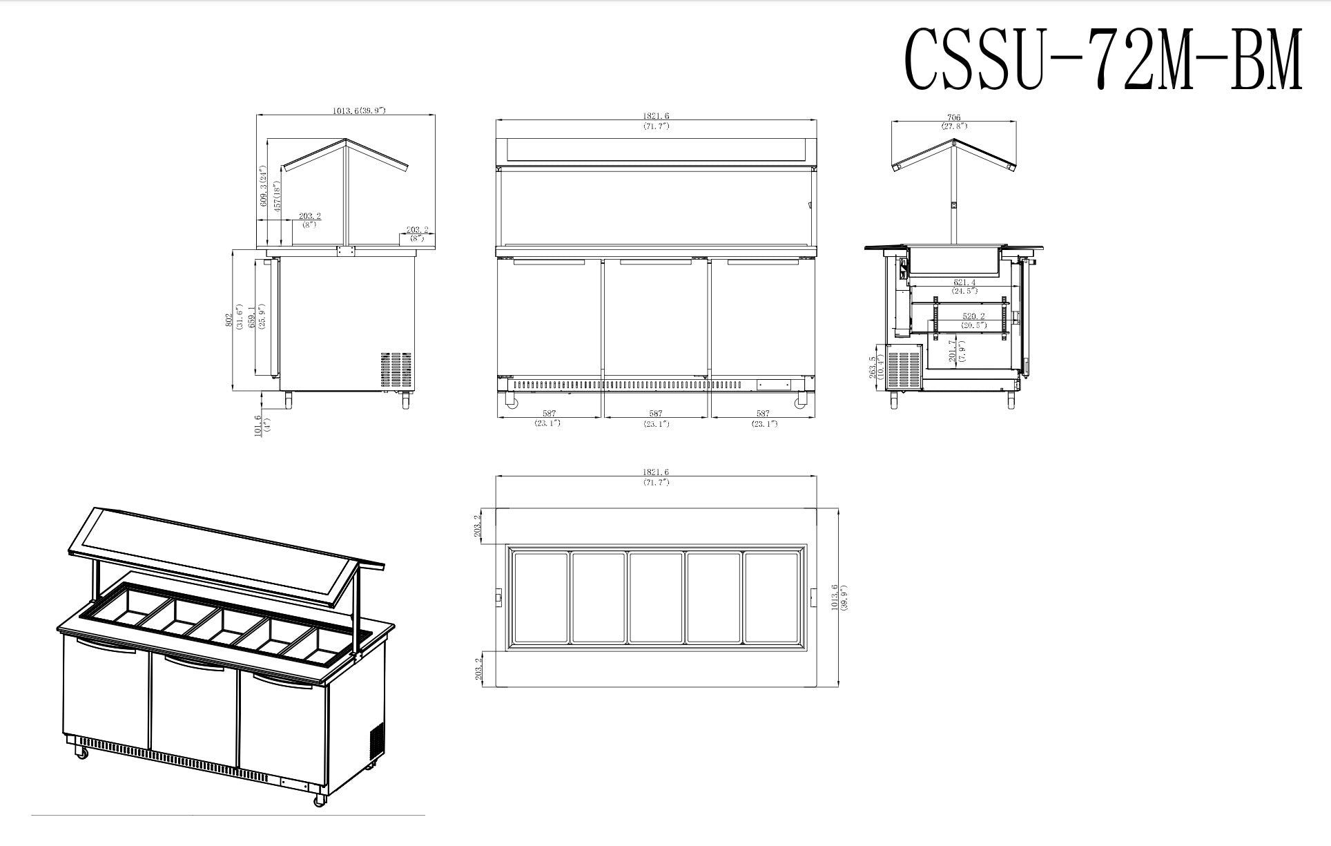 Sub-equip, CSSU-72M-BM, 72" salad and sandwich Prep Table with Glass Shield, Quartz stone countertop - Chefcoca
