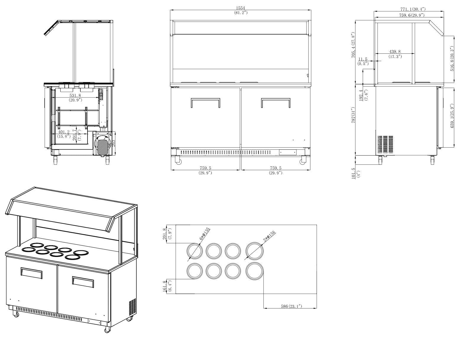 Sub-equip, CUC-60-ST, 61" Stainless Steel Refrigerated Marble Topping Station with Glass Shield – 8-Pan Counter & Double Drawers