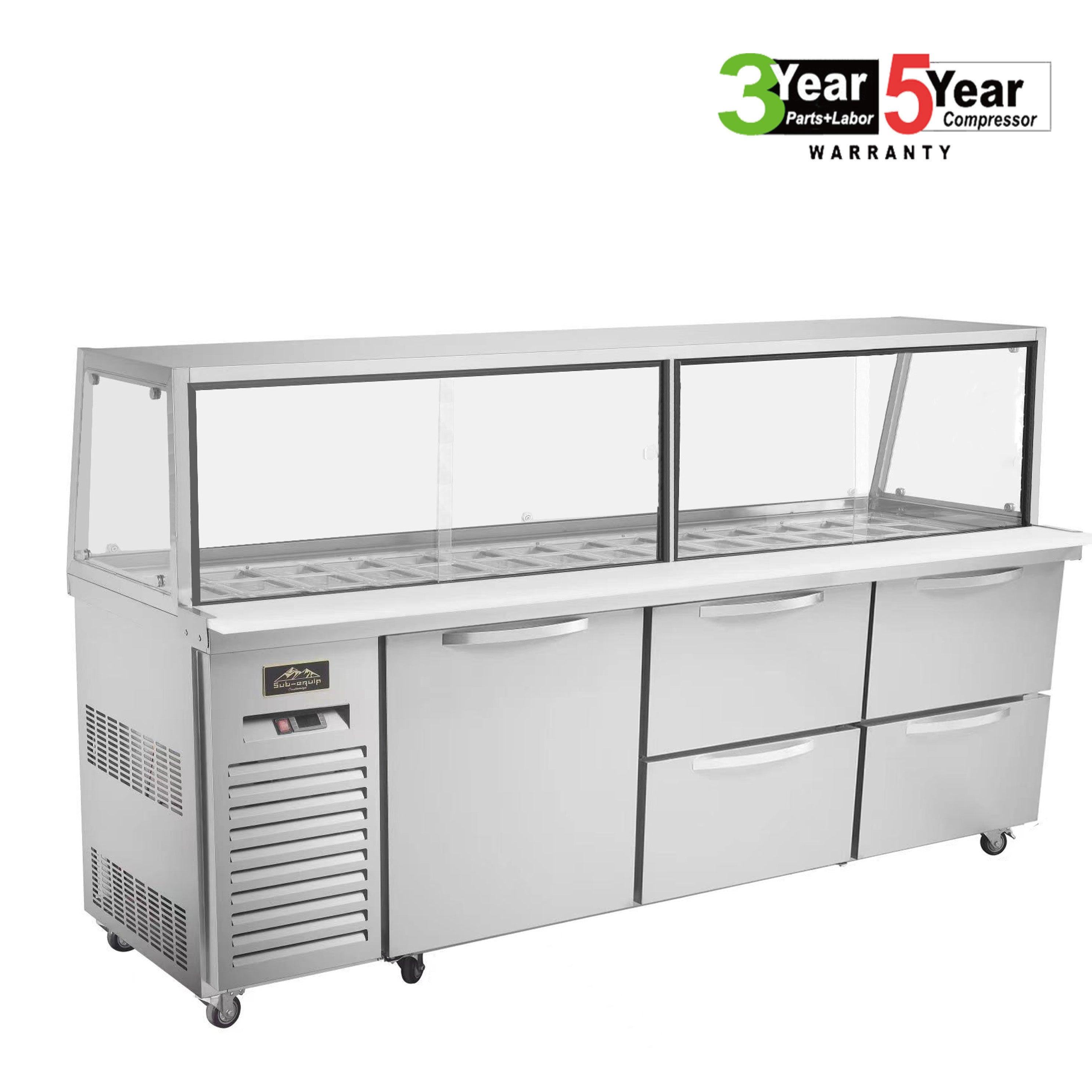 Sub-equip, 84"Prep Table Refrigerator with Sneeze Glass - 1 Door and 4 Drawers - Chefcoca