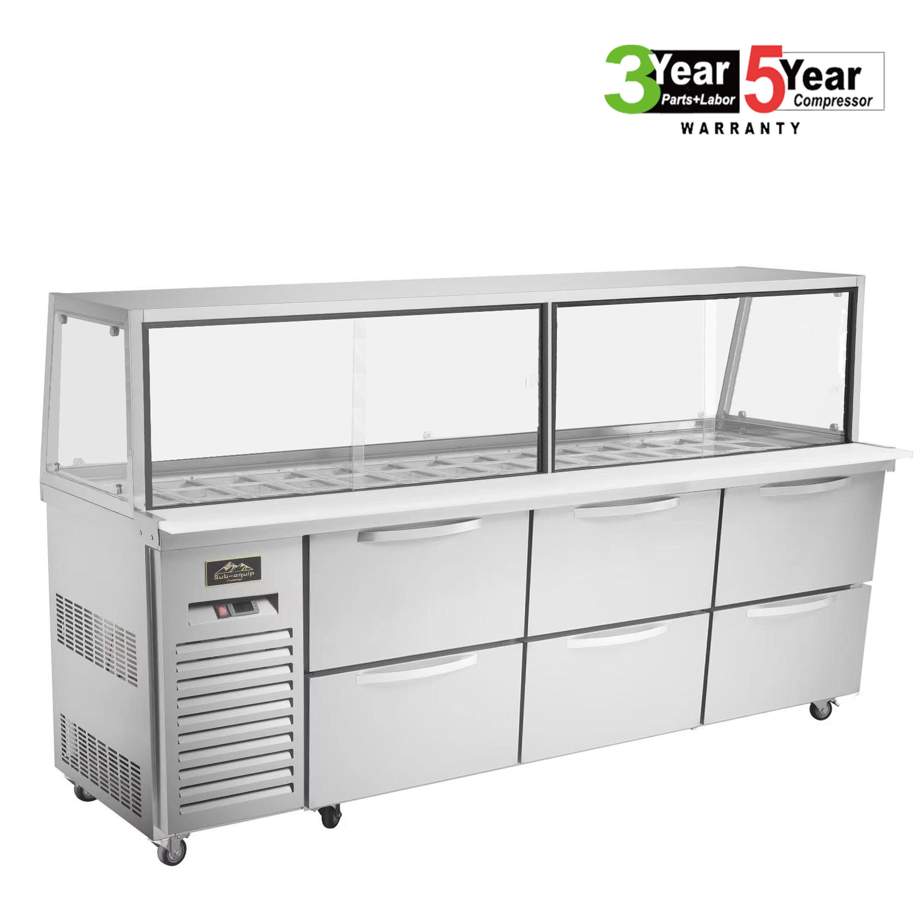 Sub-equip, 84"Prep Table Refrigerator with Sneeze Glass - 6 Drawers - Chefcoca