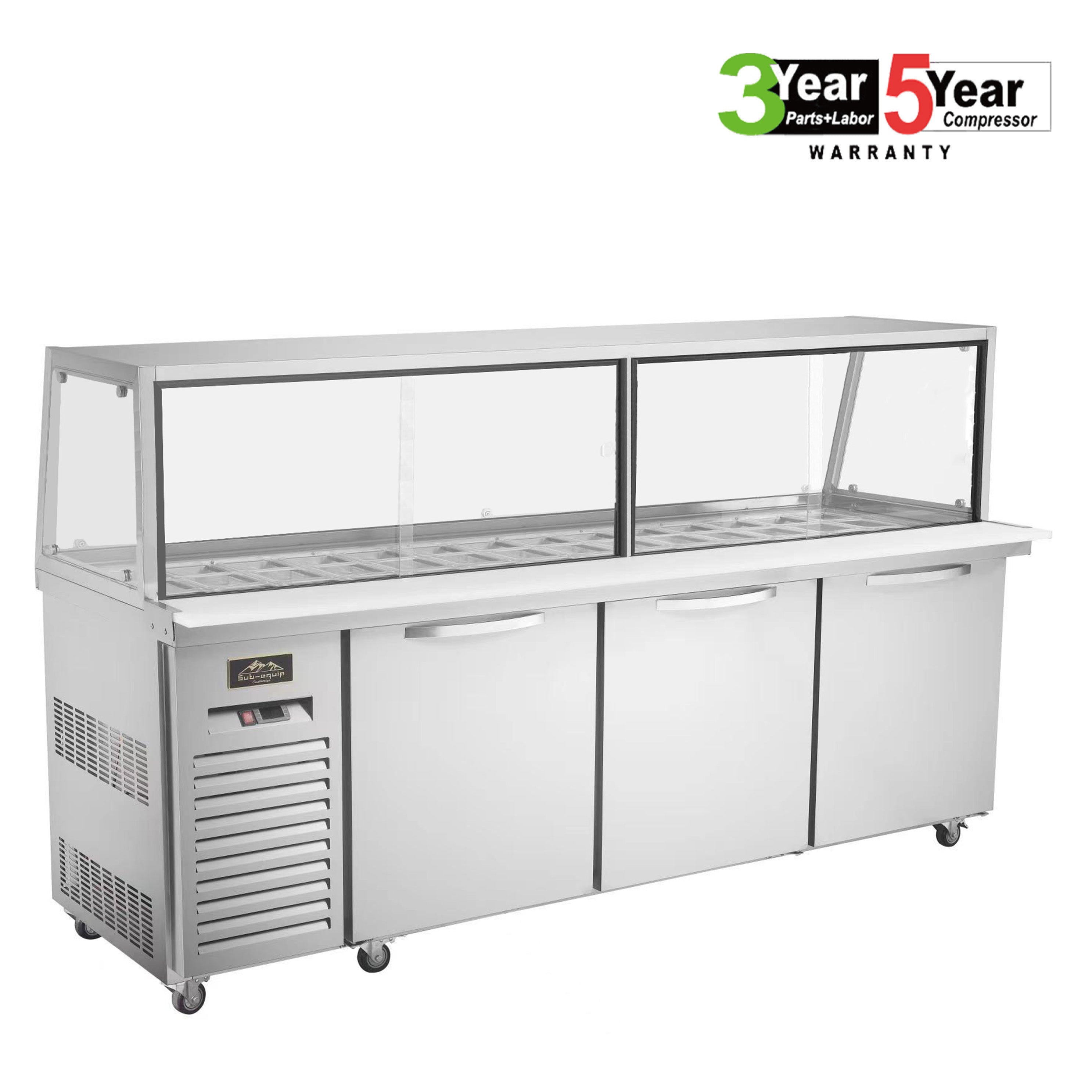 Sub-equip, 84"Prep Table Refrigerator with Sneeze Glass-3 doors - Chefcoca