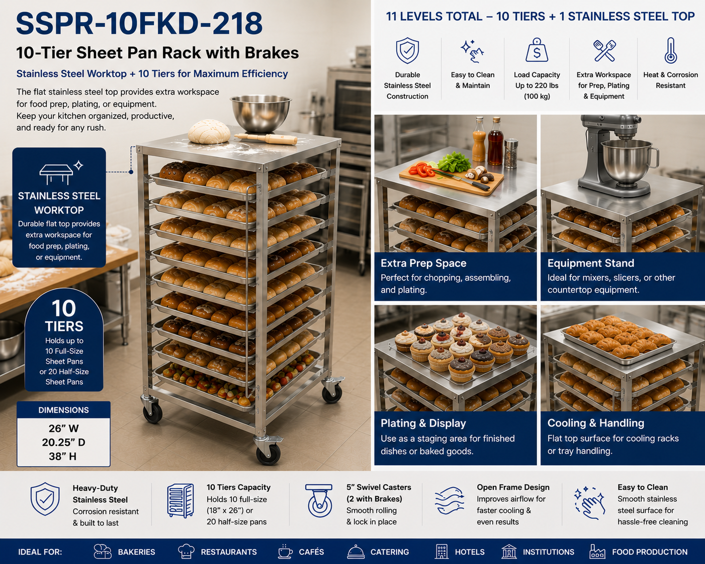 Chefco, 10-Tiered Stainless Steel Sheet Pan Rack with Brakes (SSPR-10FKD-218)
