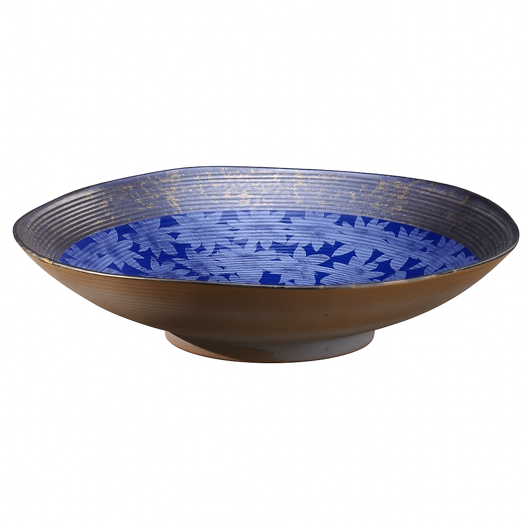Chefco,BL1308,12"Ceramic Blue Round Bowl with Sakura & Golden Flake Pattern