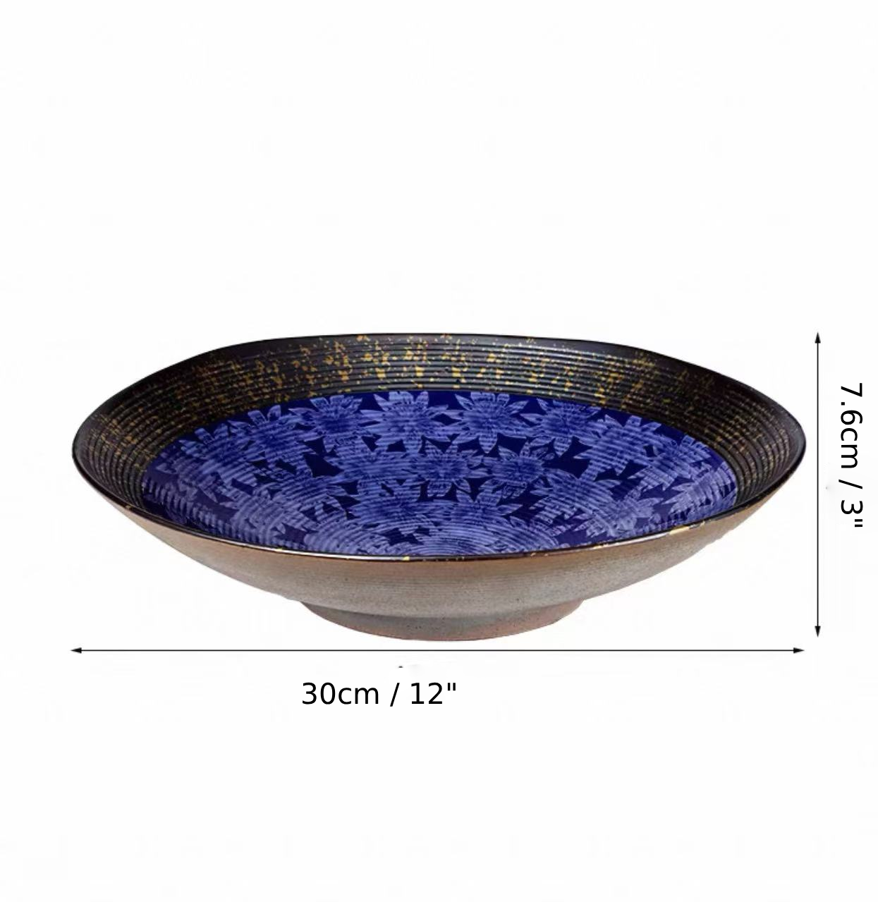Chefco,BL1308,12"Ceramic Blue Round Bowl with Sakura & Golden Flake Pattern