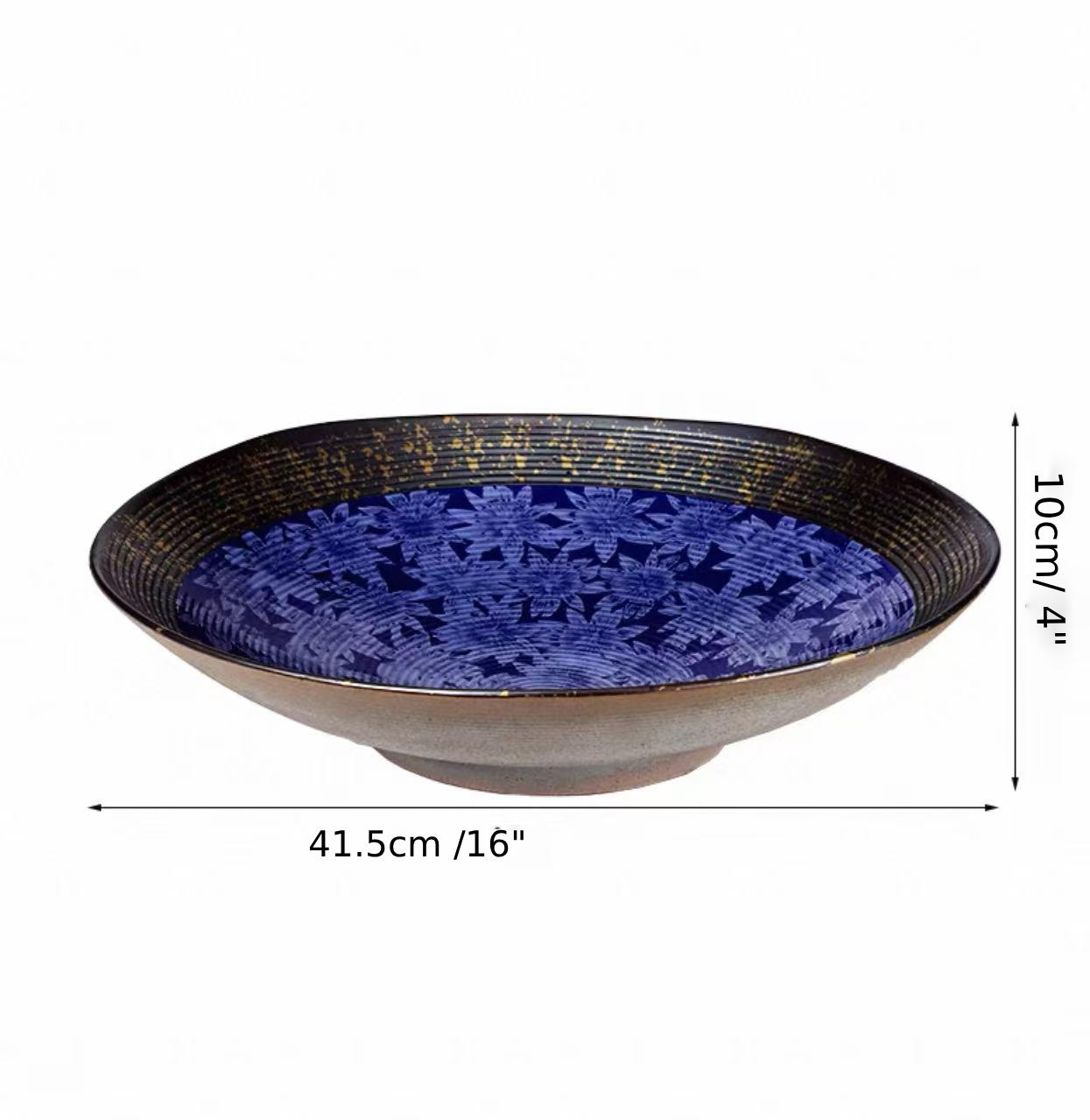 Chefco,BL4010,16" Ceramic Blue Round Bowl with Sakura & Golden Flake Pattern