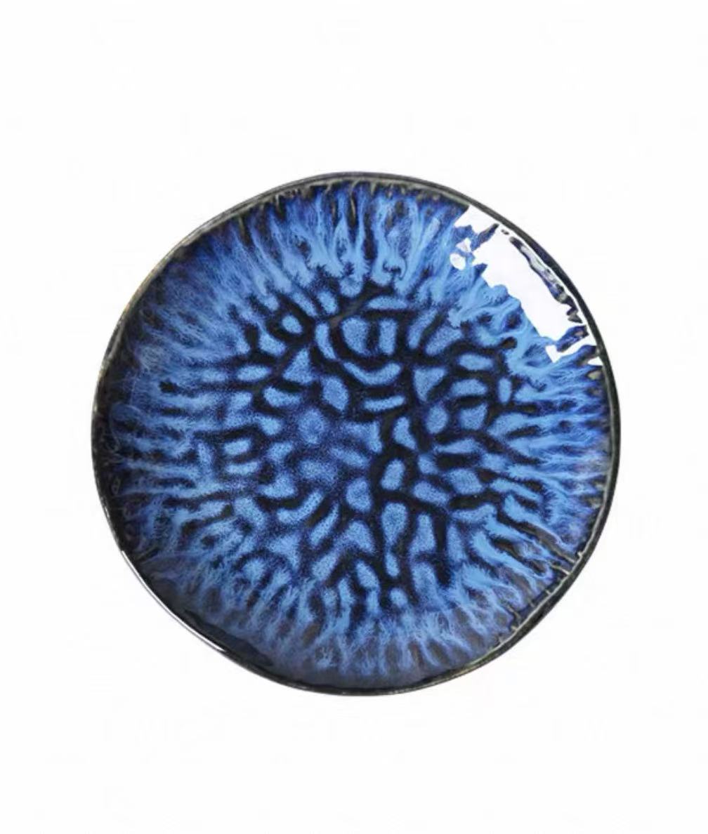 Chefco,DB2003,8''Dia Ceramic Cat's Eye Blue Embossed Round Plate