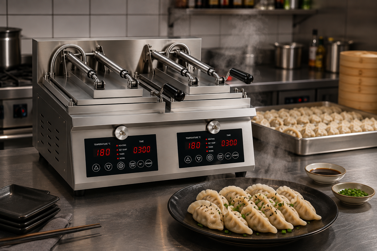 Chefco, EG-22M, Commercial Electric Dumpling & Gyoza Grill, Double Head with Digital Temperature & Timer Control
