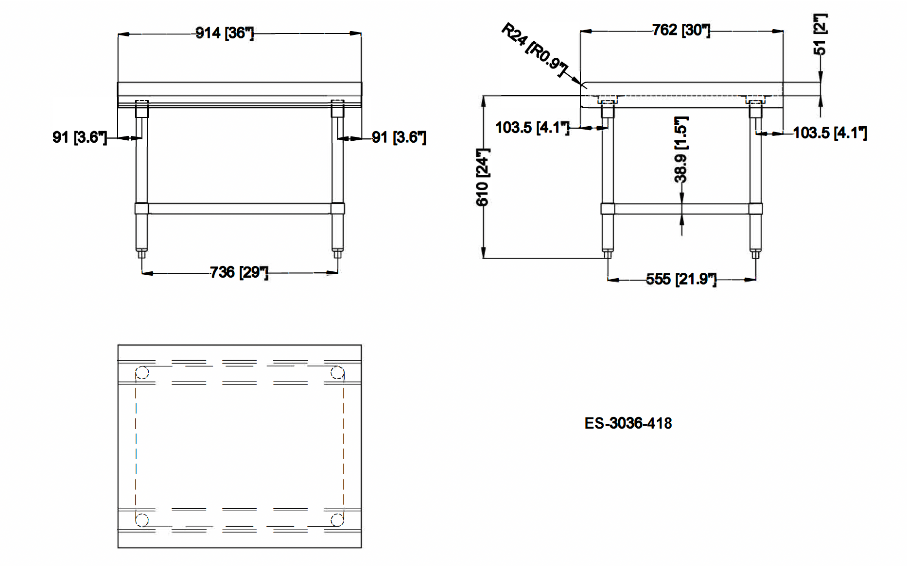 Chefco, ES-3036-418, 30" x 36" 18-Gauge Stainless Steel Equipment Stand with Galvanized Undershelf - Chefcoca