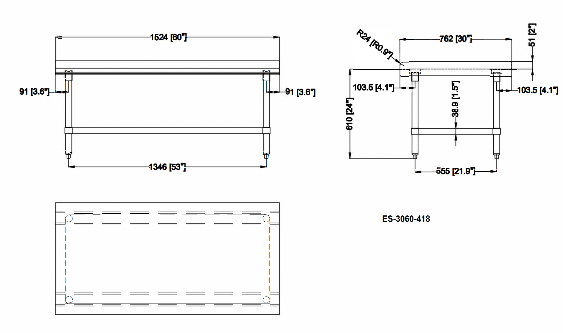 Chefco, ES-3060-418, 30" x 60" 18-Gauge Stainless Steel Equipment Stand with Galvanized Undershelf - Chefcoca